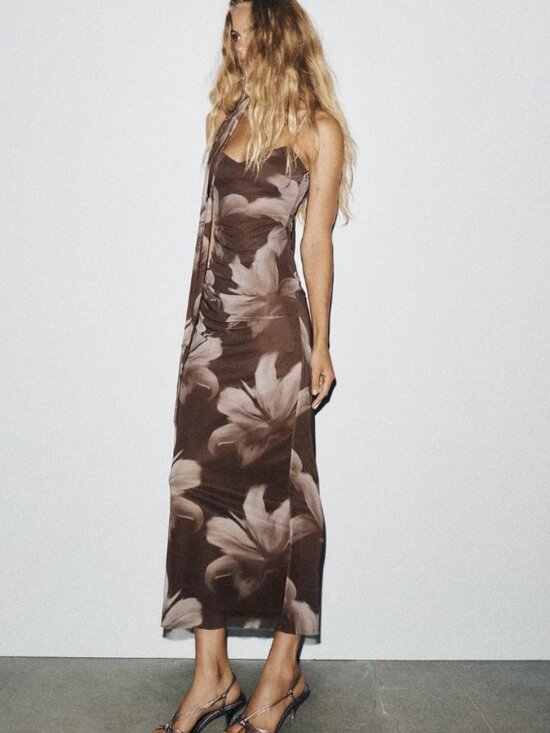 Zara Dresses & Skirts - Zara Womens Floral Print Midi Dress Small Brown Scarf Neck Detail 8220/112 NWT